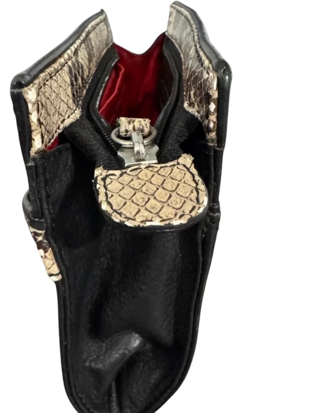 ILI New York Black Genuine Leather Snakeskin Trim Wristlet Clutch Bag Red Lining